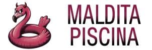 logo maldita piscina flotador con forma de flamenco con cara de malo