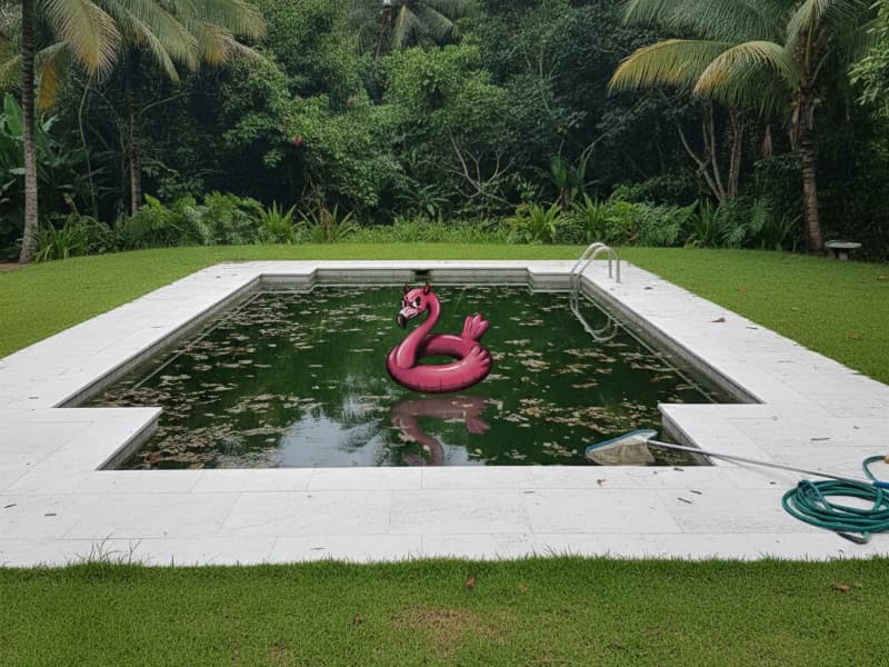 piscina con agua verde por las algas y el más cuiddado
